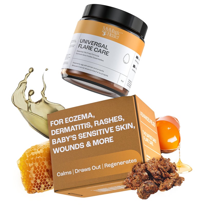 MyMagicHealer Universal Flare Care Essential Oil Free Relief for Rashes Eczema Psoriasis Hidradenitis Suppurativa Impetigo Dermatitis Wound Care Sensitive Skin wPropolis Egg Yolk 4 oz